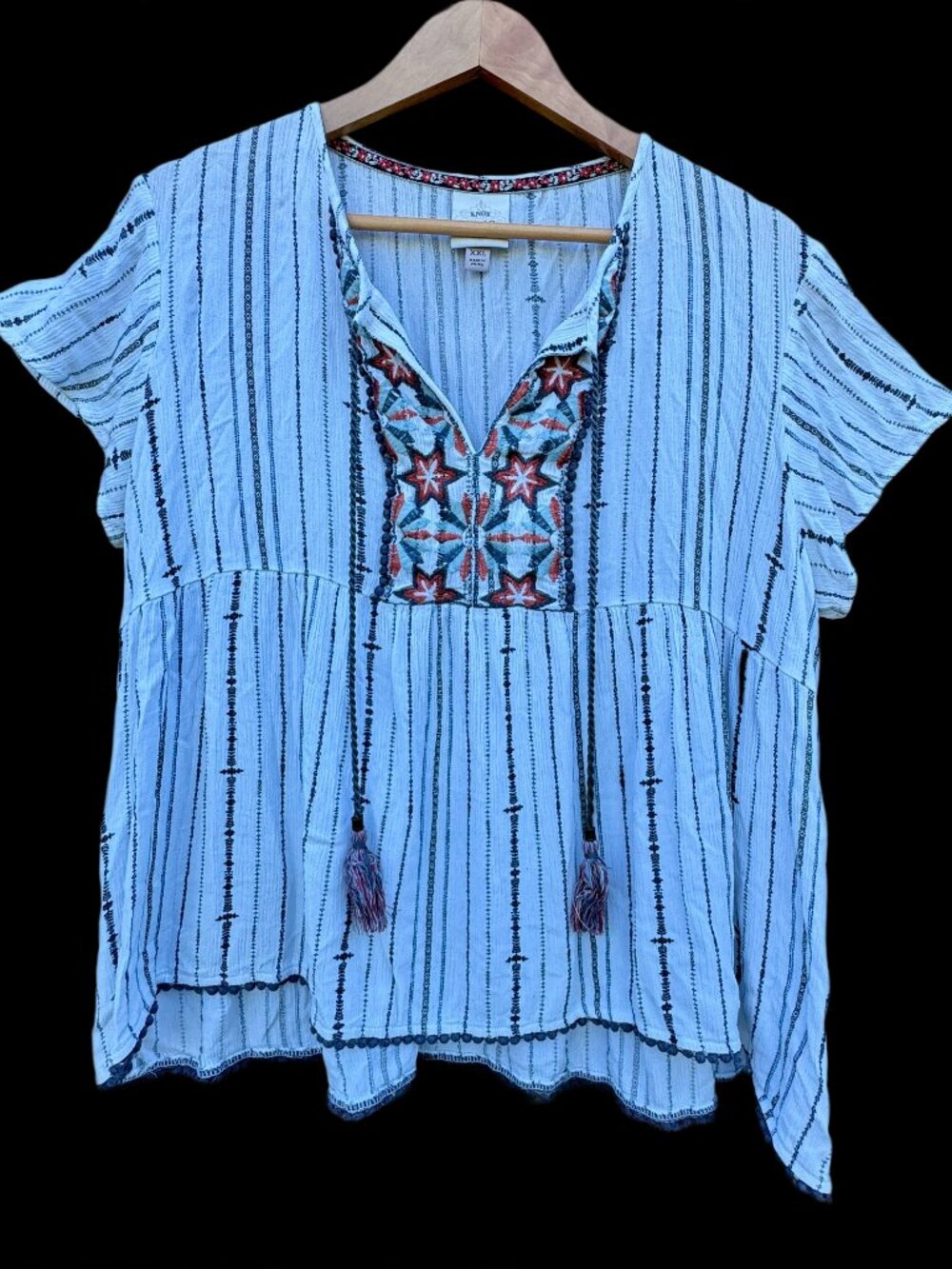 Knox Rose Boho Top Womens Size XXL White Black Stripe Tassel Tie Flowy
